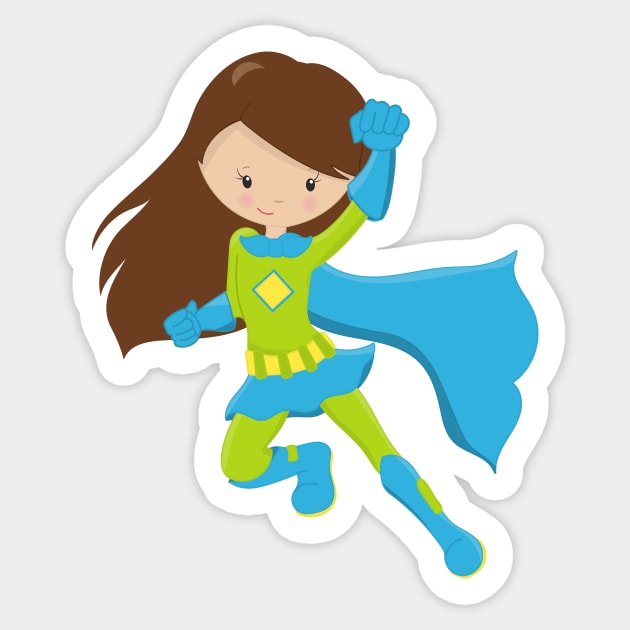 Superhero Girl, Cute Girl, Brown Hair, Blue Cape Sticker by Jelena Dunčević